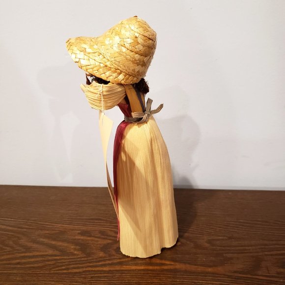 Corn Husk Doll Hand Made North Carolina Folk Art Pink Apron Flowers Bonnet 9" - Picture 4 of 11